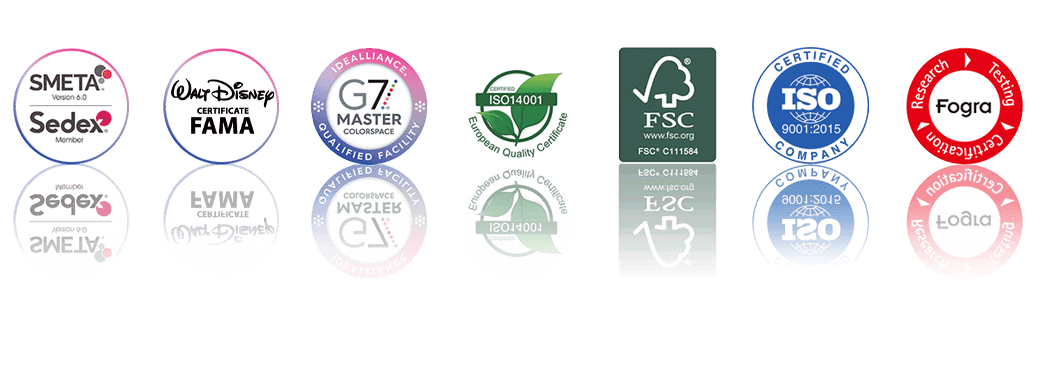 SMETA Sedex, Disney FAMA, IDEALLIANCE G7, ISO 14001, FSC, ISO 9001:2015, Fogra sertifika logoları